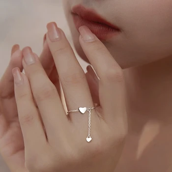 H9ED Простые кольца с кисточкой в виде сердца, регулируемые, Серебряное кольцо с подвеской на цепочке, Романтические кольца в виде круга, женские украшения для девочек
