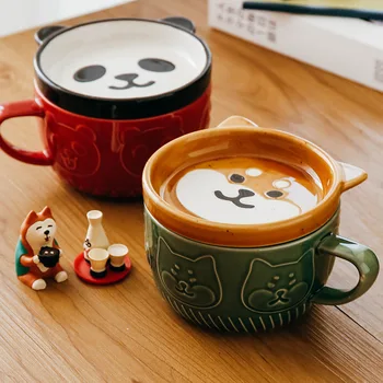 Чашка Cute Cat Кофейные чашки Shiba Inu, керамическая кружка с крышкой, индивидуальный подарок, Кружки для овсяного молока с мультяшным рисунком Каваи для детей на завтрак