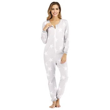 2020 Женская Однотонная серая толстовка на молнии, цельный комбинезон, Пижама, Теплый комплект одежды для сна