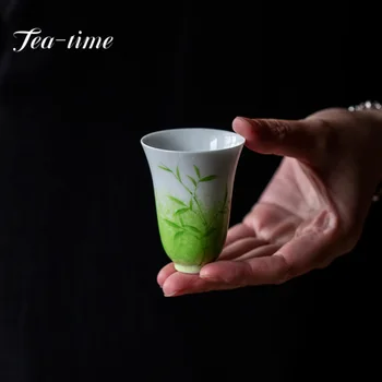 2 шт. / компл. Красивая керамическая чайная чашка цвета зеленой травы, Ручная роспись, Бамбуковая Маленькая Мастер-чашка, Ароматная кружка, Подарочный чайный набор Кунг-фу, 55 мл