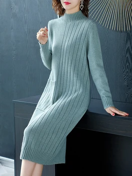Платье-свитер с полуприлегающим воротом для женщин на осень-зиму, Новый свитер средней длины, Вязаный пуловер, Уличные платья
