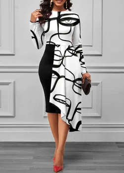 Женская мода 2023, повседневная элегантная сумка с круглым вырезом и принтом, юбка миди до ягодиц, платье с нерегулярной строчкой