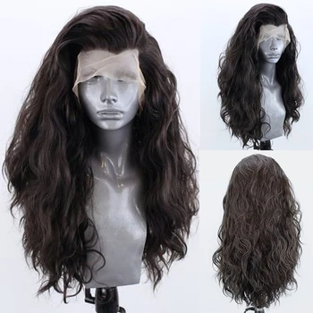 AIMEYA Темно-коричневые Длинные Вьющиеся Синтетические парики на кружеве для женщин, Свободная Часть, Предварительно Выщипанные натуральные волосы, парики для косплея.