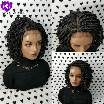 НОВЫЕ короткие плетеные парики для чернокожих женщин Синтетические кружевные косички спереди Парик с вьющимися кончиками Детские волосы